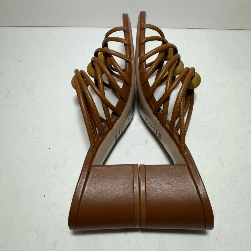 SCHUTZ Roanna Strappy Wood-Bead Brown Slide Block Heel Sandals Size 7.5 - Picture 9 of 14